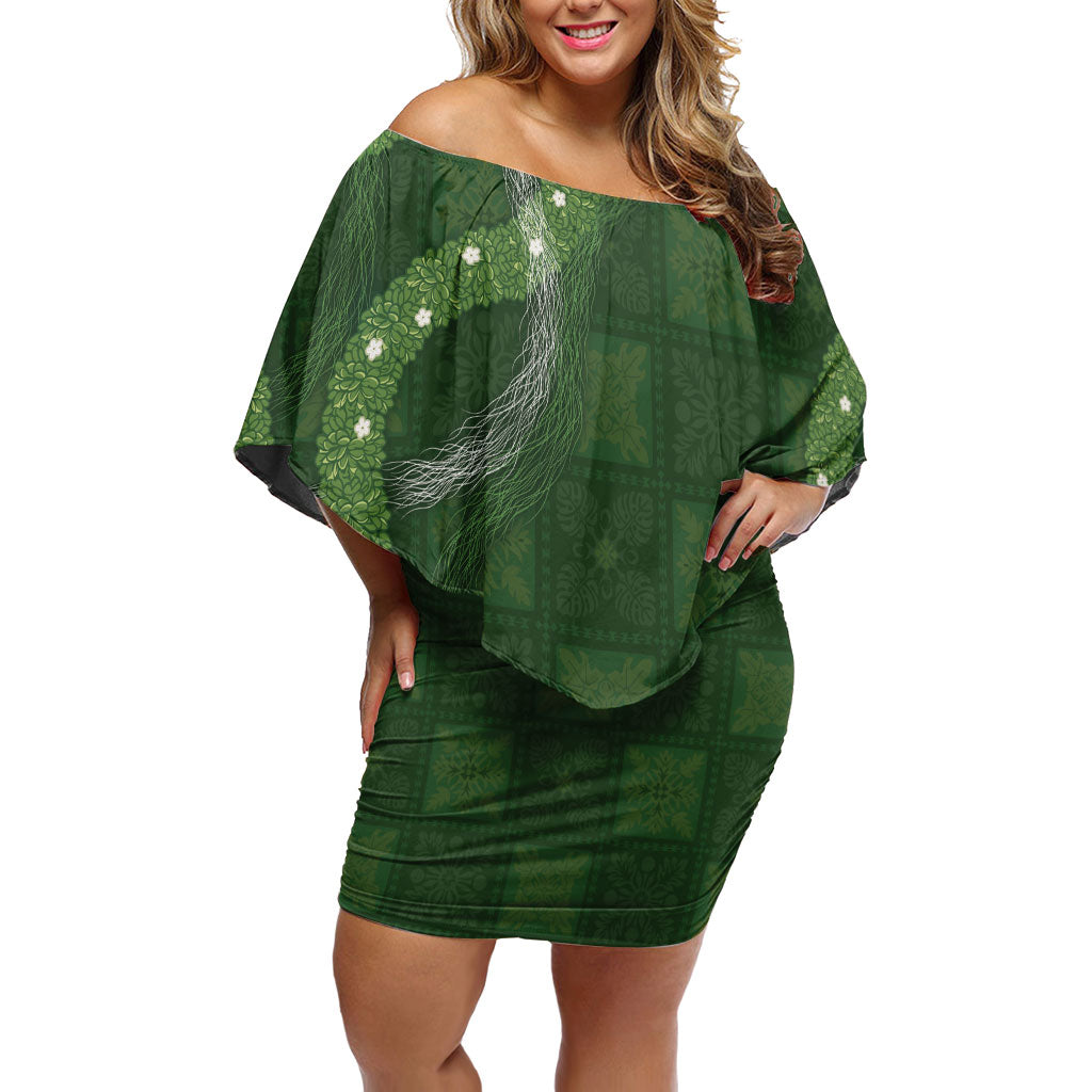 Hawaiian Quilt Off Shoulder Short Dress Pele Hair Hinahina Lei Green Version LT05 Women Green - Polynesian Pride