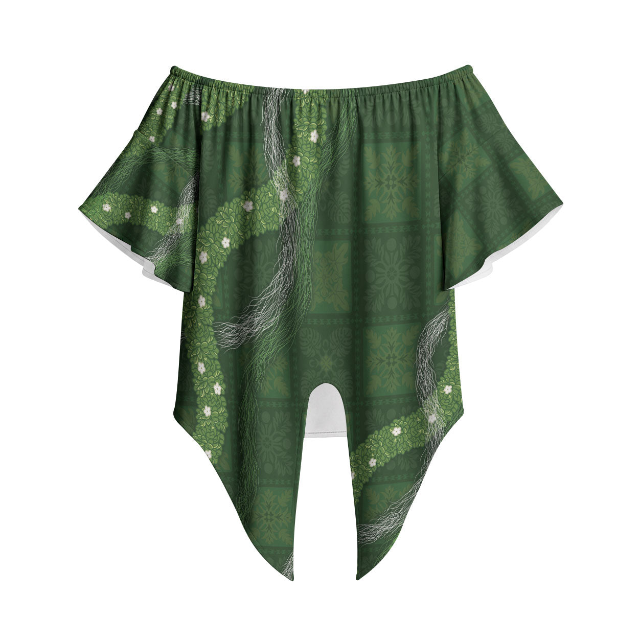 Hawaiian Quilt Off Shoulder Wrap Waist Top Pele Hair Hinahina Lei Green Version LT05 Green - Polynesian Pride