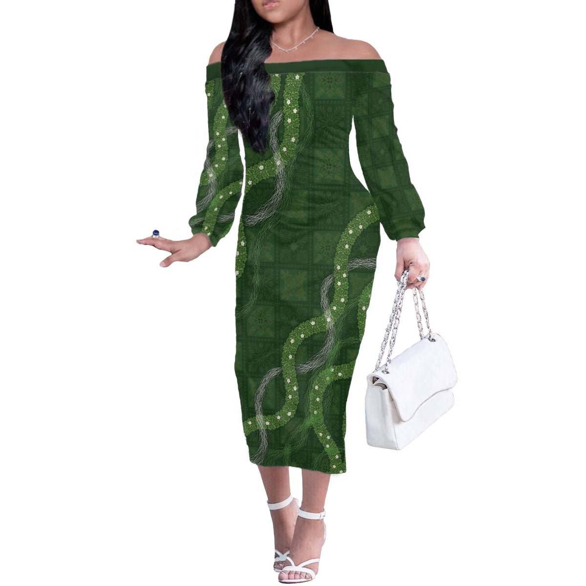 Hawaiian Quilt Off The Shoulder Long Sleeve Dress Pele Hair Hinahina Lei Green Version