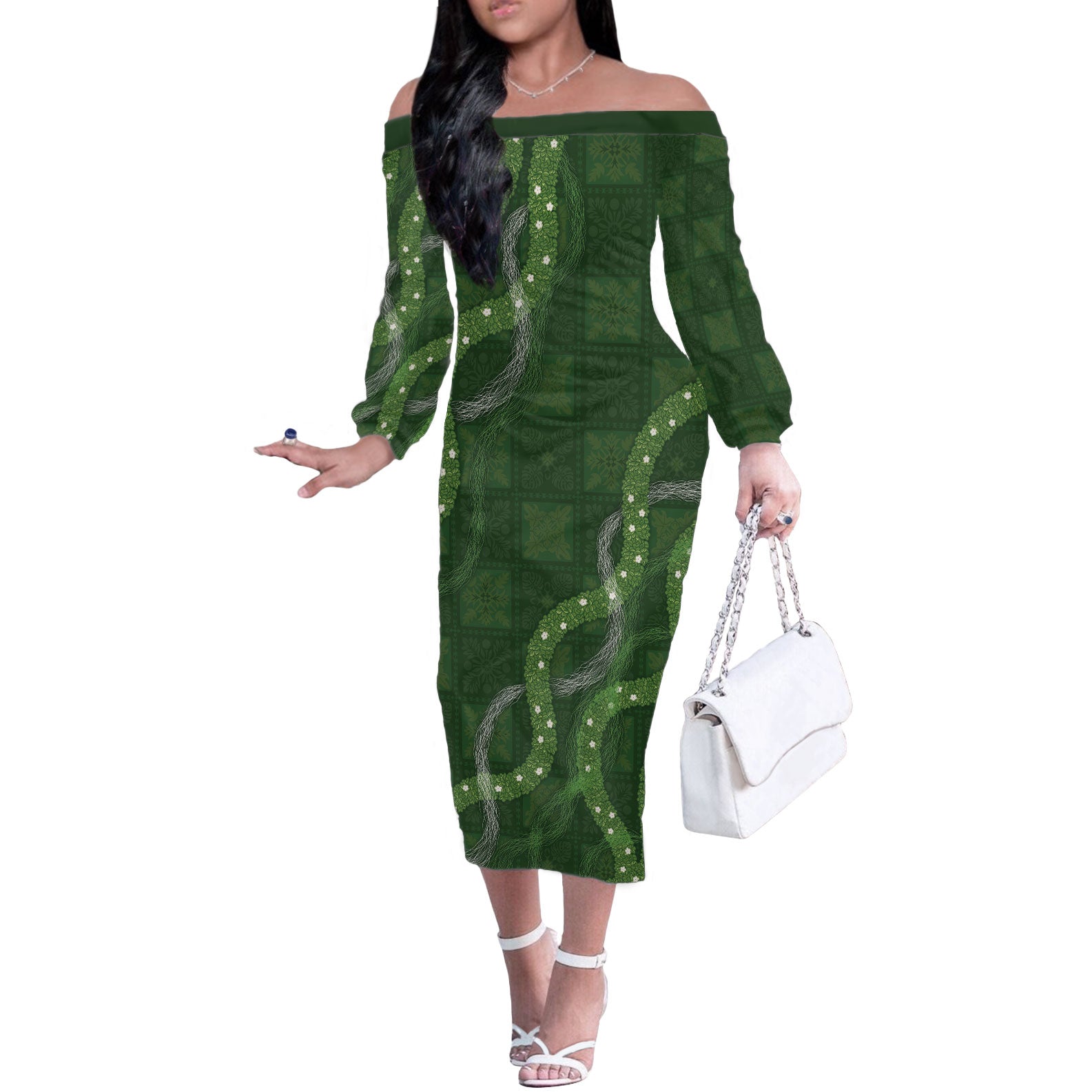 Hawaiian Quilt Off The Shoulder Long Sleeve Dress Pele Hair Hinahina Lei Green Version LT05 Women Green - Polynesian Pride