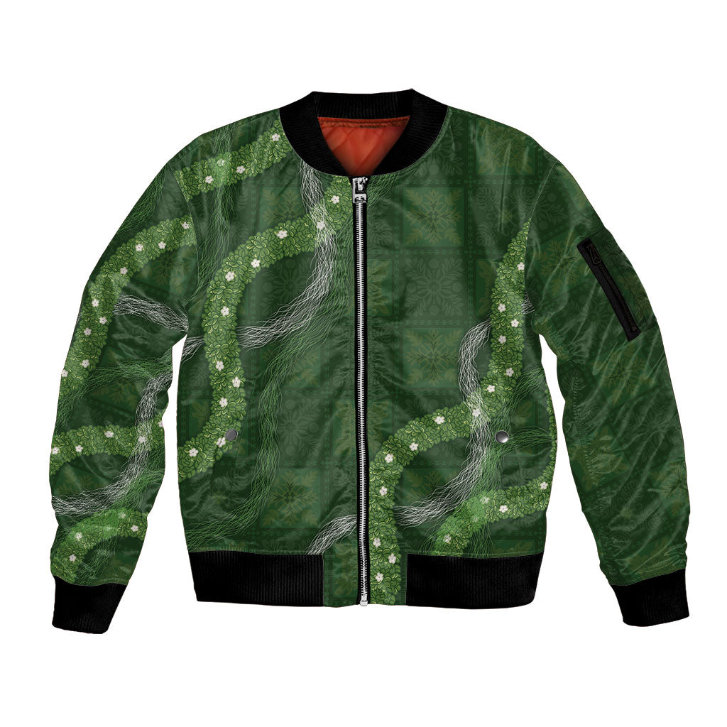 Hawaiian Quilt Sleeve Zip Bomber Jacket Pele Hair Hinahina Lei Green Version LT05 Unisex Green - Polynesian Pride