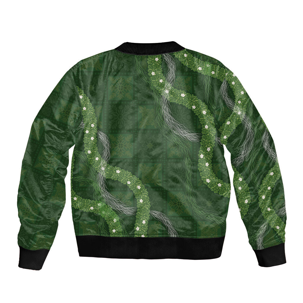 Hawaiian Quilt Sleeve Zip Bomber Jacket Pele Hair Hinahina Lei Green Version