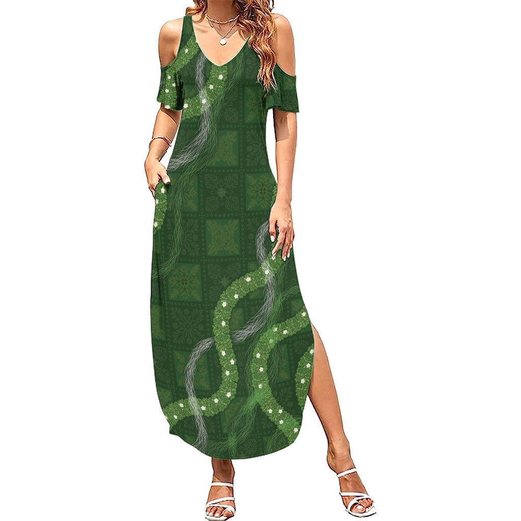 Hawaiian Quilt Summer Maxi Dress Pele Hair Hinahina Lei Green Version LT05 Women Green - Polynesian Pride