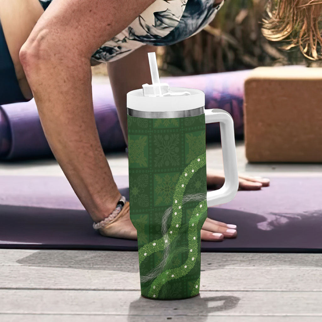 Hawaiian Quilt Tumbler With Handle Pele Hair Hinahina Lei Green Version