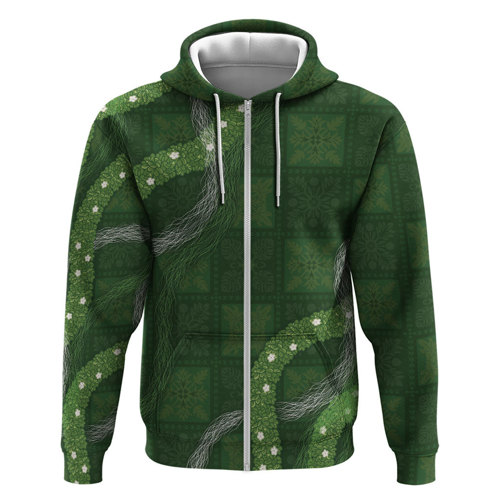 Hawaiian Quilt Zip Hoodie Pele Hair Hinahina Lei Green Version LT05 Zip Hoodie Green - Polynesian Pride