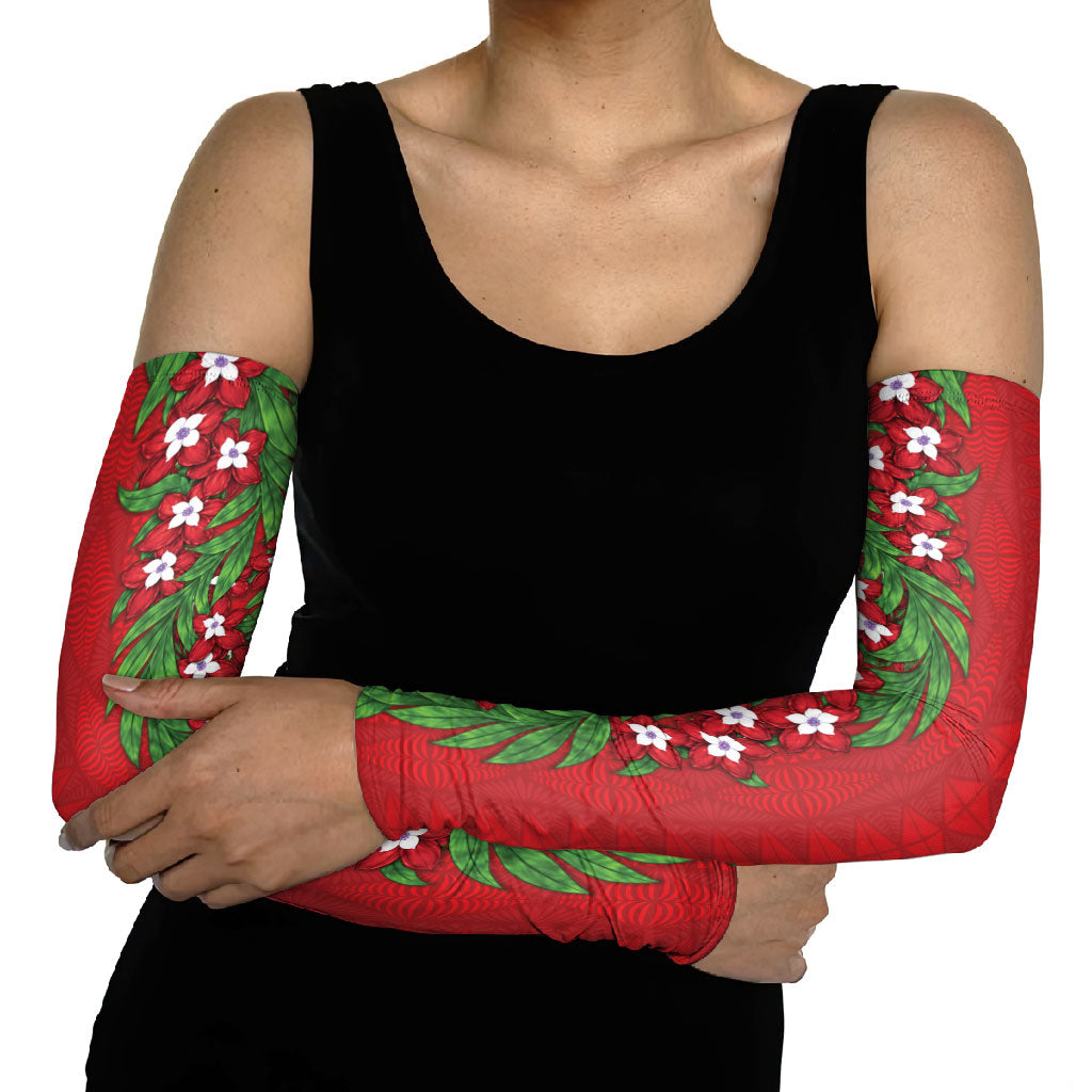 Tonga Language Week Arm Sleeves Heilala Floral Red LT05 - Polynesian Pride