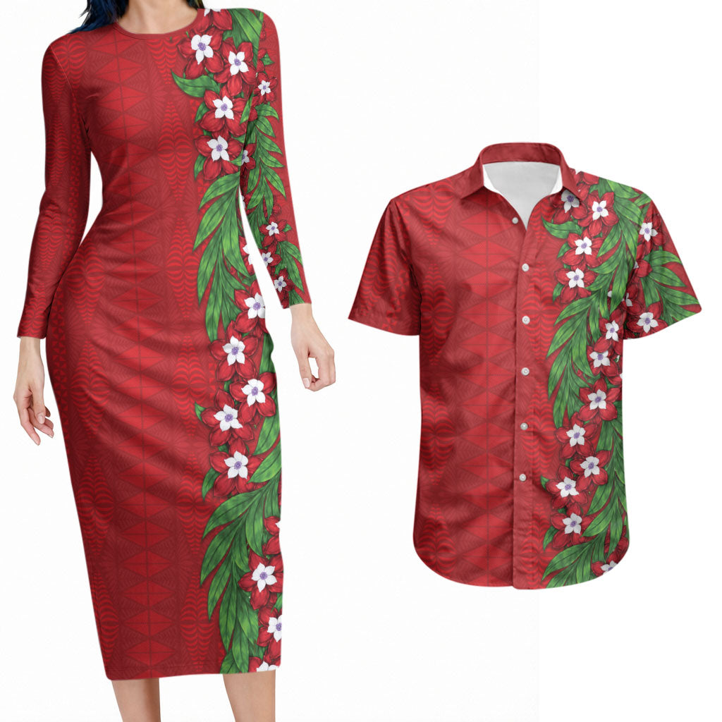 Tonga Language Week Couples Matching Long Sleeve Bodycon Dress and Hawaiian Shirt Heilala Floral Red