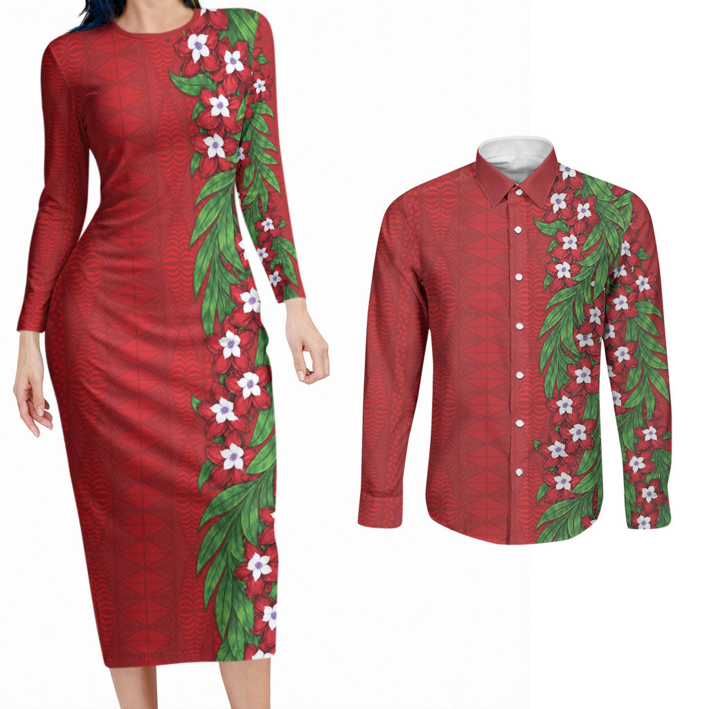 Tonga Language Week Couples Matching Long Sleeve Bodycon Dress and Long Sleeve Button Shirt Heilala Floral Red