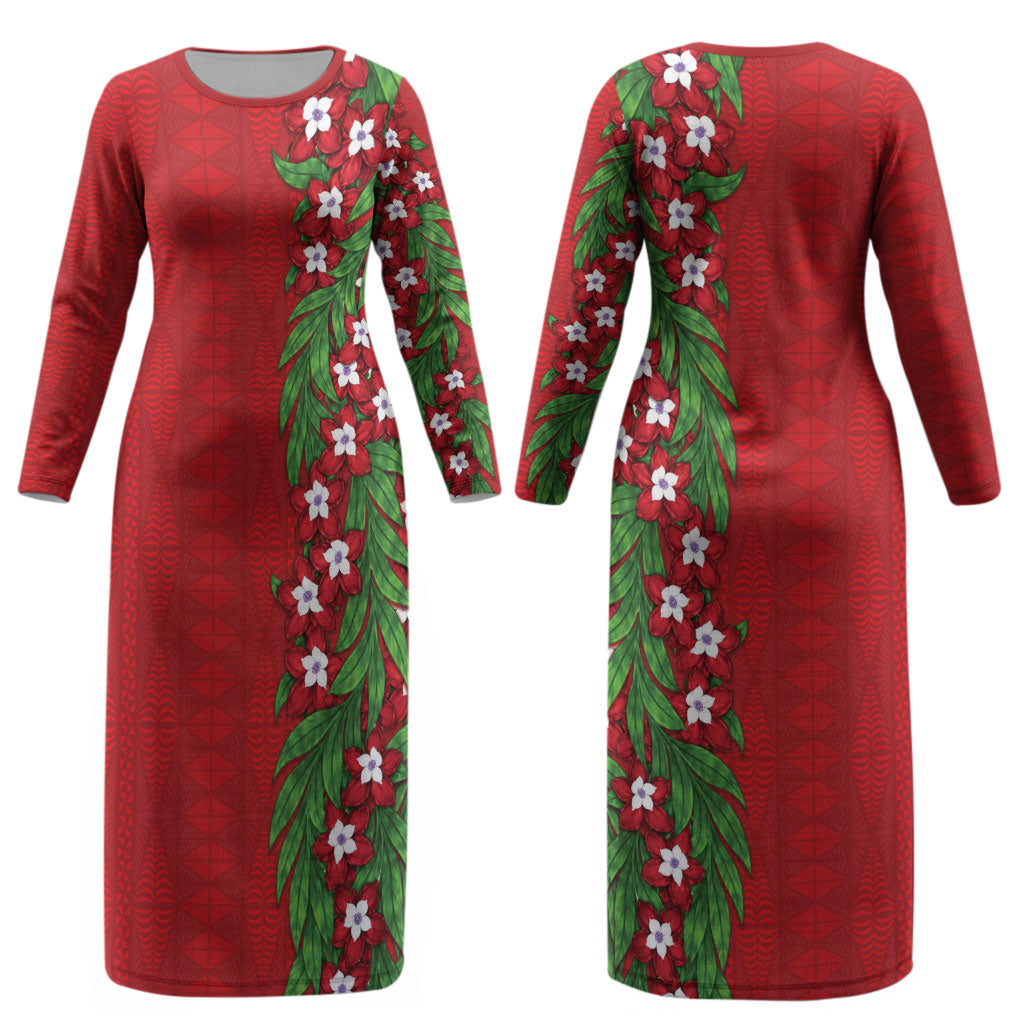 Tonga Language Week Couples Matching Long Sleeve Bodycon Dress and Long Sleeve Button Shirt Heilala Floral Red