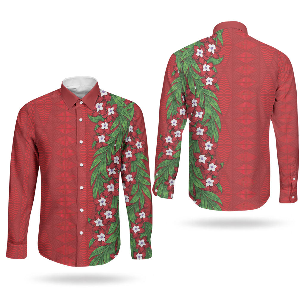 Tonga Language Week Couples Matching Mermaid Dress and Long Sleeve Button Shirt Heilala Floral Red