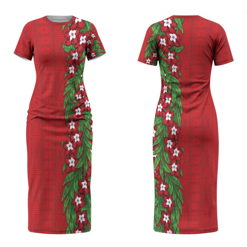 Tonga Language Week Couples Matching Short Sleeve Bodycon Dress and Hawaiian Shirt Heilala Floral Red