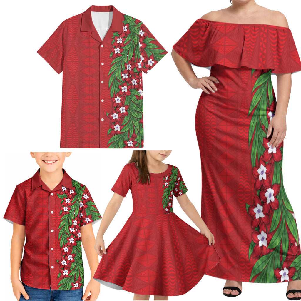 Tonga Language Week Family Matching Off Shoulder Maxi Dress and Hawaiian Shirt Heilala Floral Red LT05 - Polynesian Pride
