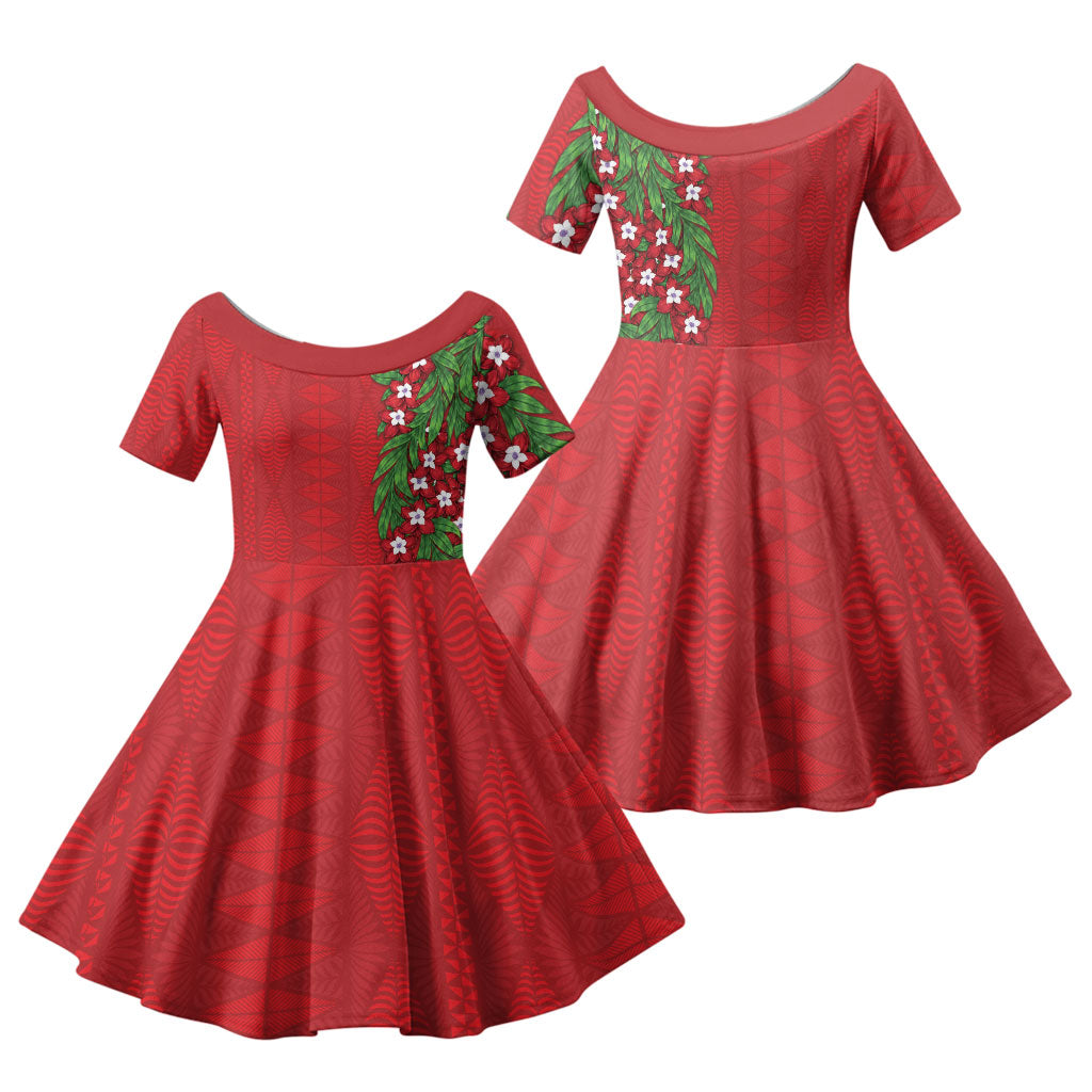 Tonga Language Week Family Matching Off Shoulder Short Dress and Hawaiian Shirt Heilala Floral Red