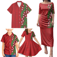 Tonga Language Week Family Matching Puletasi and Hawaiian Shirt Heilala Floral Red