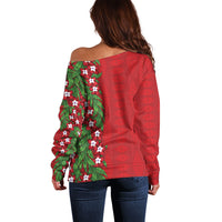 Tonga Language Week Off Shoulder Sweater Heilala Floral Red LT05 - Polynesian Pride