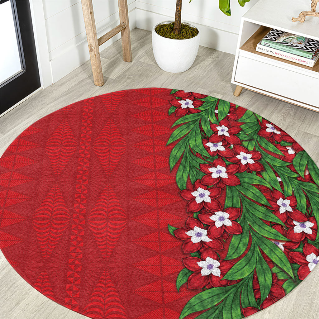Tonga Language Week Round Carpet Heilala Floral Red LT05 Red - Polynesian Pride