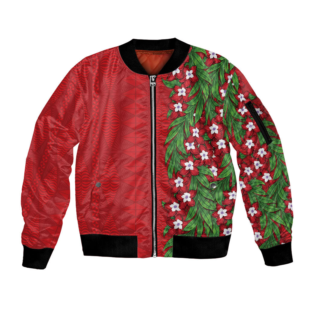 Tonga Language Week Sleeve Zip Bomber Jacket Heilala Floral Red