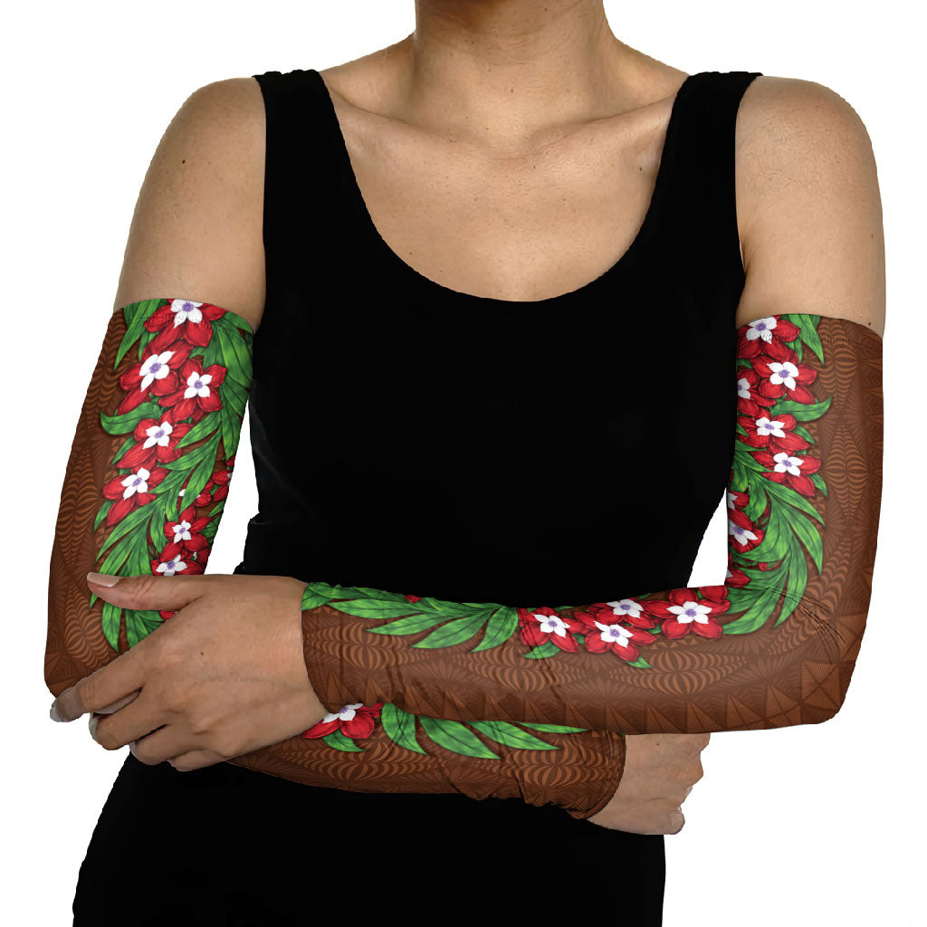 Tonga Language Week Arm Sleeves Heilala Floral Brown LT05 - Polynesian Pride
