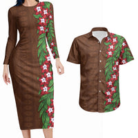 Tonga Language Week Couples Matching Long Sleeve Bodycon Dress and Hawaiian Shirt Heilala Floral Brown