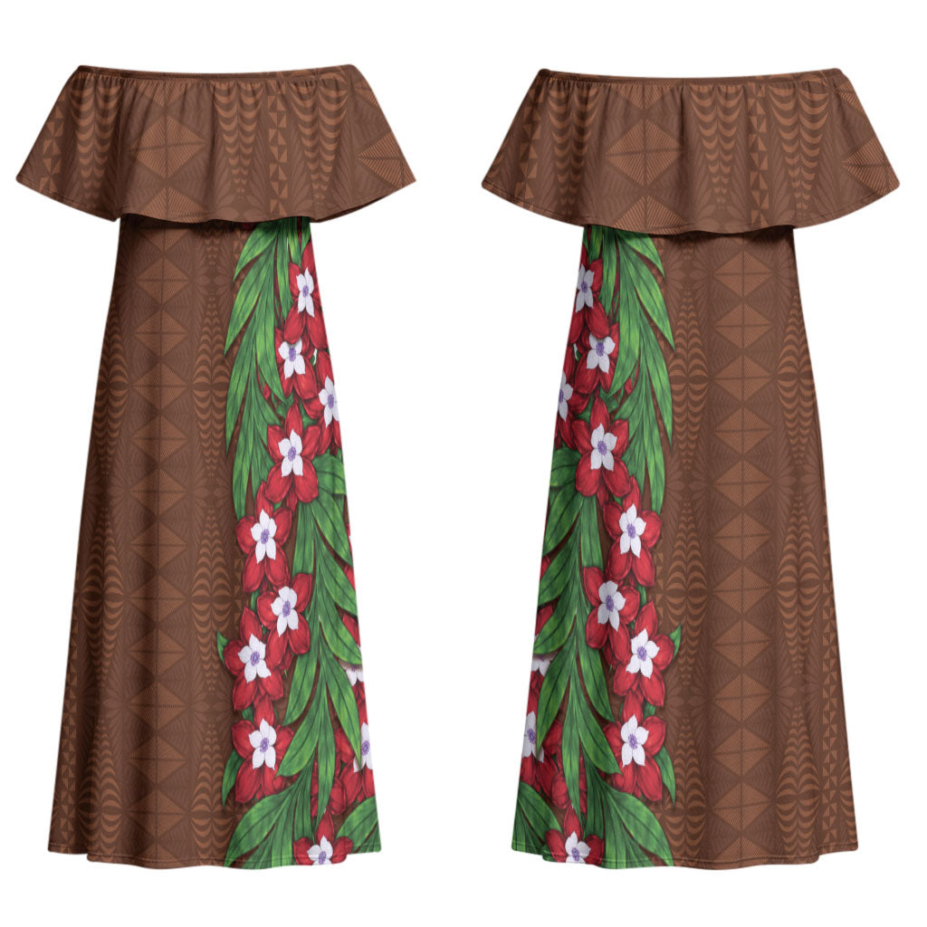 Tonga Language Week Couples Matching Off Shoulder Maxi Dress and Hawaiian Shirt Heilala Floral Brown