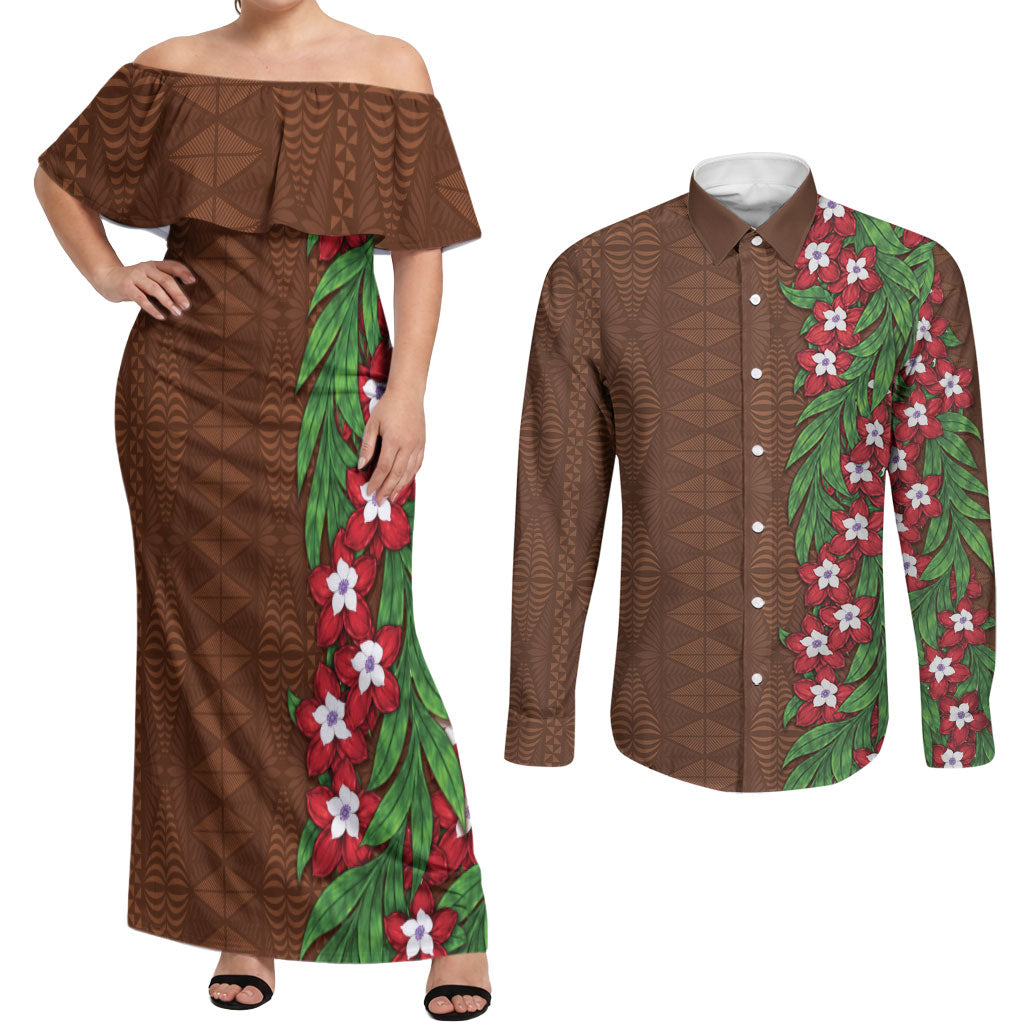 Tonga Language Week Couples Matching Off Shoulder Maxi Dress and Long Sleeve Button Shirt Heilala Floral Brown