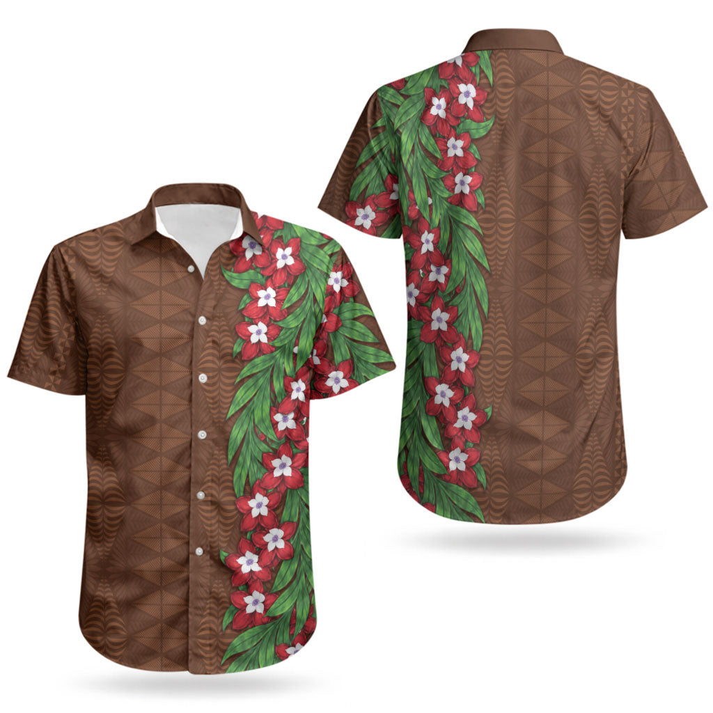 Tonga Language Week Couples Matching Off Shoulder Short Dress and Hawaiian Shirt Heilala Floral Brown