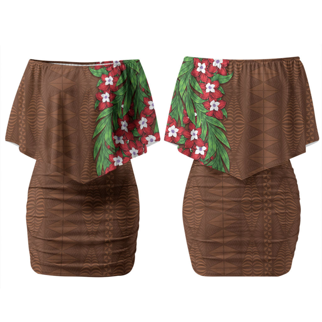 Tonga Language Week Couples Matching Off Shoulder Short Dress and Long Sleeve Button Shirt Heilala Floral Brown