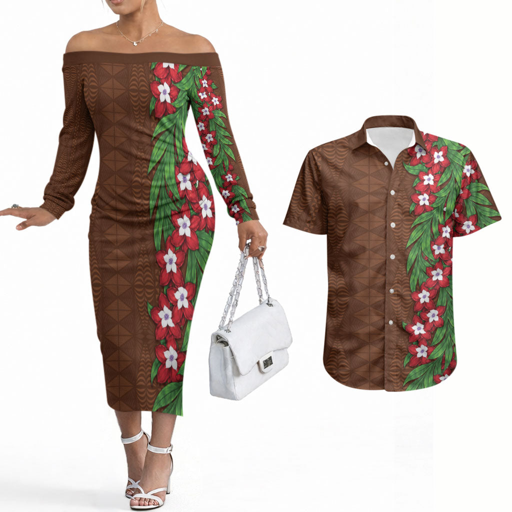 Tonga Language Week Couples Matching Off The Shoulder Long Sleeve Dress and Hawaiian Shirt Heilala Floral Brown LT05 Brown - Polynesian Pride