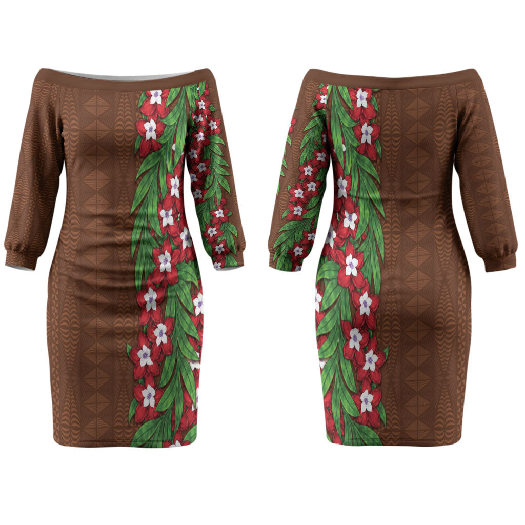 Tonga Language Week Couples Matching Off The Shoulder Long Sleeve Dress and Hawaiian Shirt Heilala Floral Brown