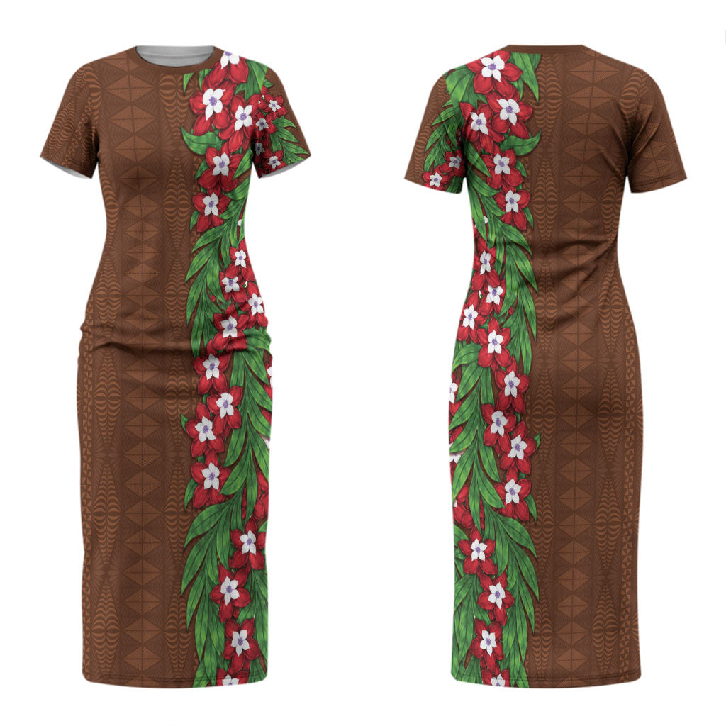 Tonga Language Week Couples Matching Short Sleeve Bodycon Dress and Long Sleeve Button Shirt Heilala Floral Brown