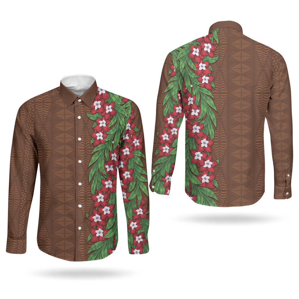 Tonga Language Week Couples Matching Summer Maxi Dress and Long Sleeve Button Shirt Heilala Floral Brown