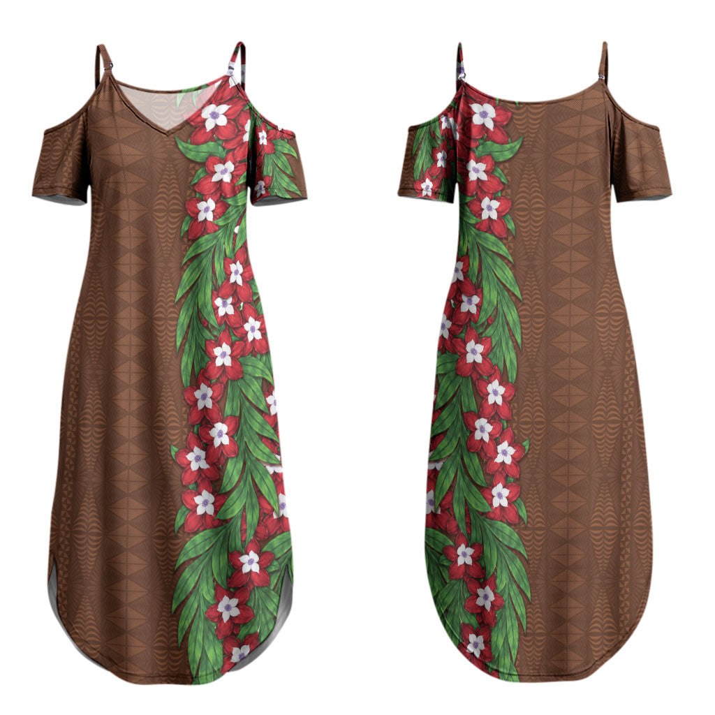 Tonga Language Week Couples Matching Summer Maxi Dress and Long Sleeve Button Shirt Heilala Floral Brown