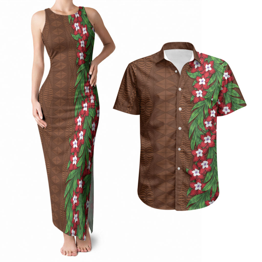 Tonga Language Week Couples Matching Tank Maxi Dress and Hawaiian Shirt Heilala Floral Brown LT05 Brown - Polynesian Pride