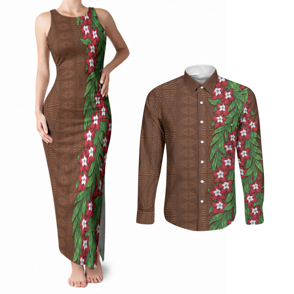 Tonga Language Week Couples Matching Tank Maxi Dress and Long Sleeve Button Shirt Heilala Floral Brown