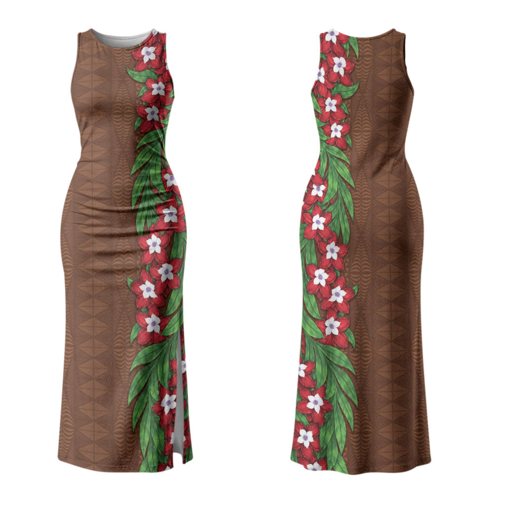 Tonga Language Week Couples Matching Tank Maxi Dress and Long Sleeve Button Shirt Heilala Floral Brown
