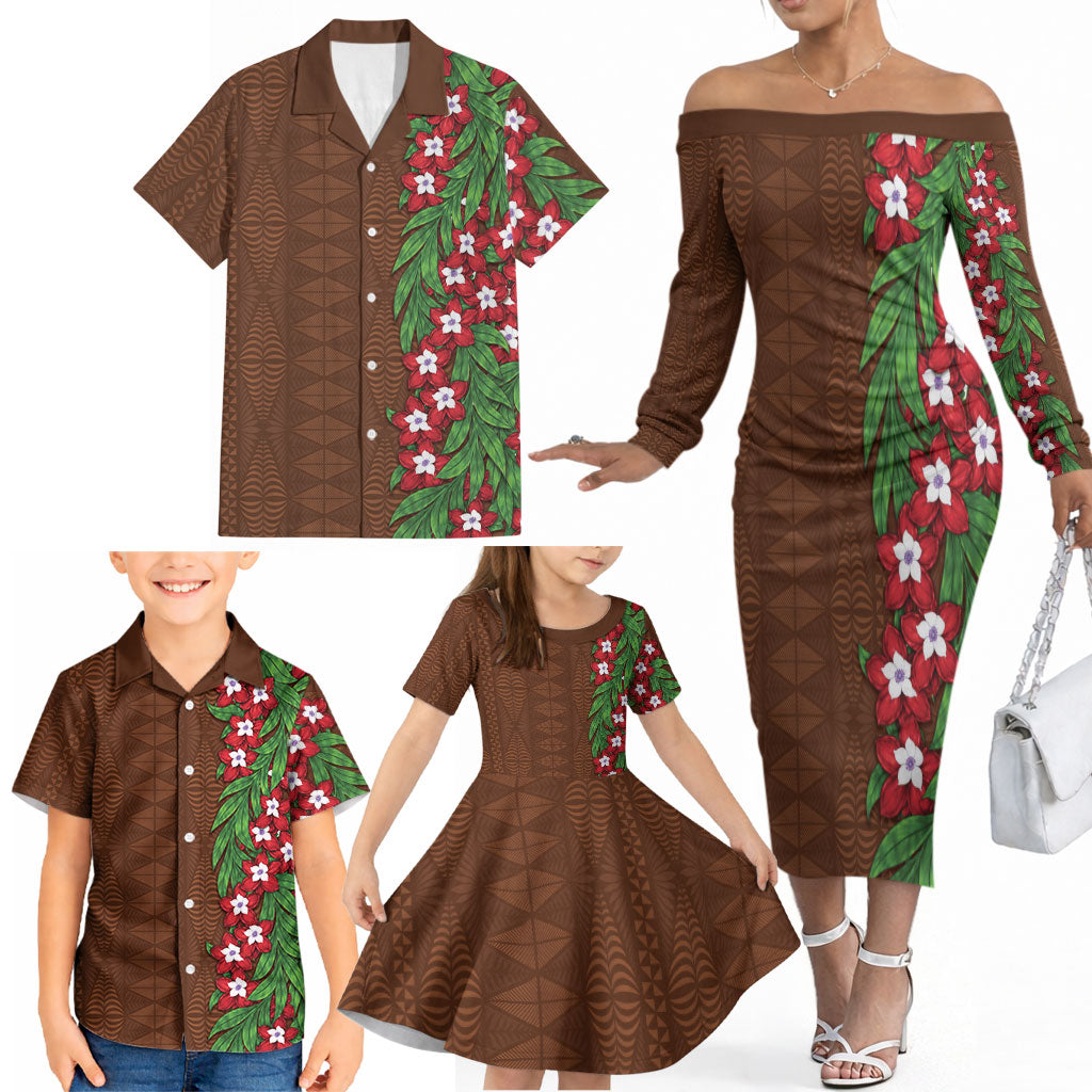 Tonga Language Week Family Matching Off The Shoulder Long Sleeve Dress and Hawaiian Shirt Heilala Floral Brown