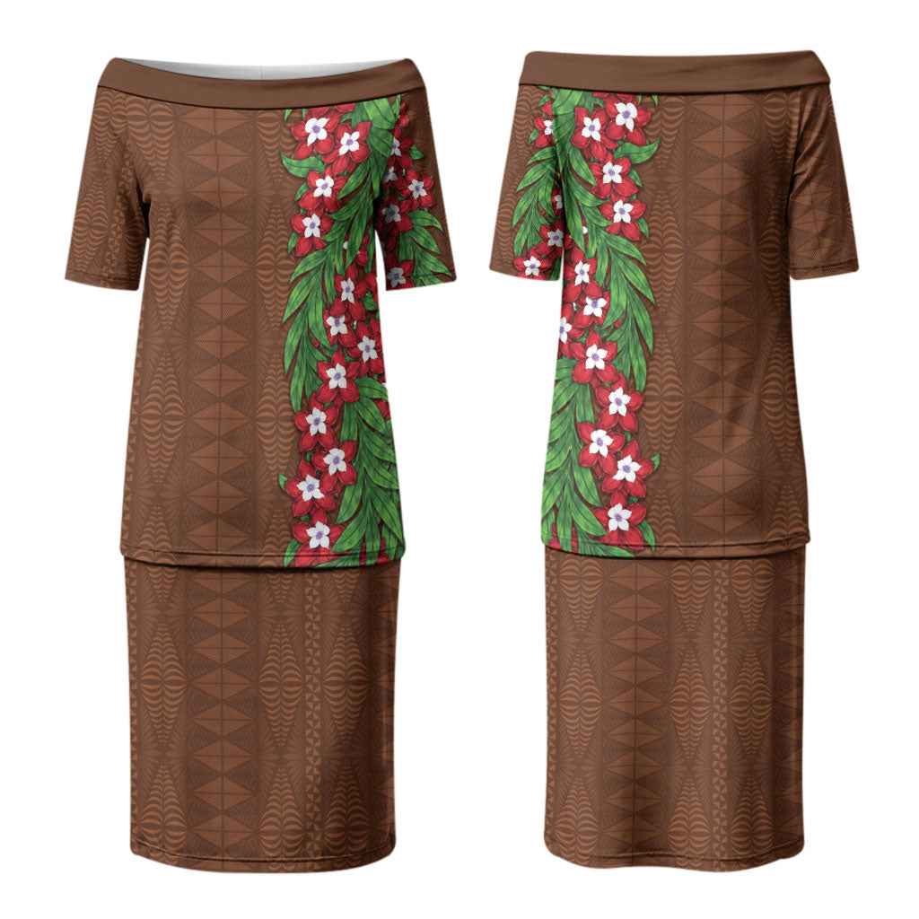 Tonga Language Week Family Matching Puletasi and Hawaiian Shirt Heilala Floral Brown