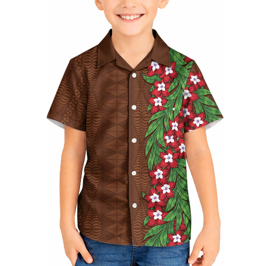 Tonga Language Week Kid Hawaiian Shirt Heilala Floral Brown