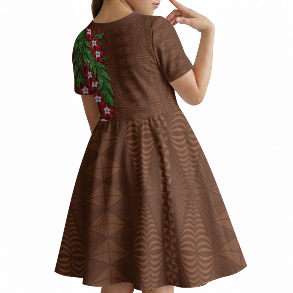 Tonga Language Week Kid Short Sleeve Dress Heilala Floral Brown