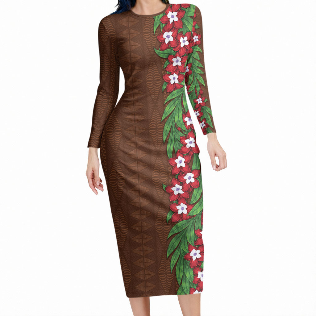 Tonga Language Week Long Sleeve Bodycon Dress Heilala Floral Brown
