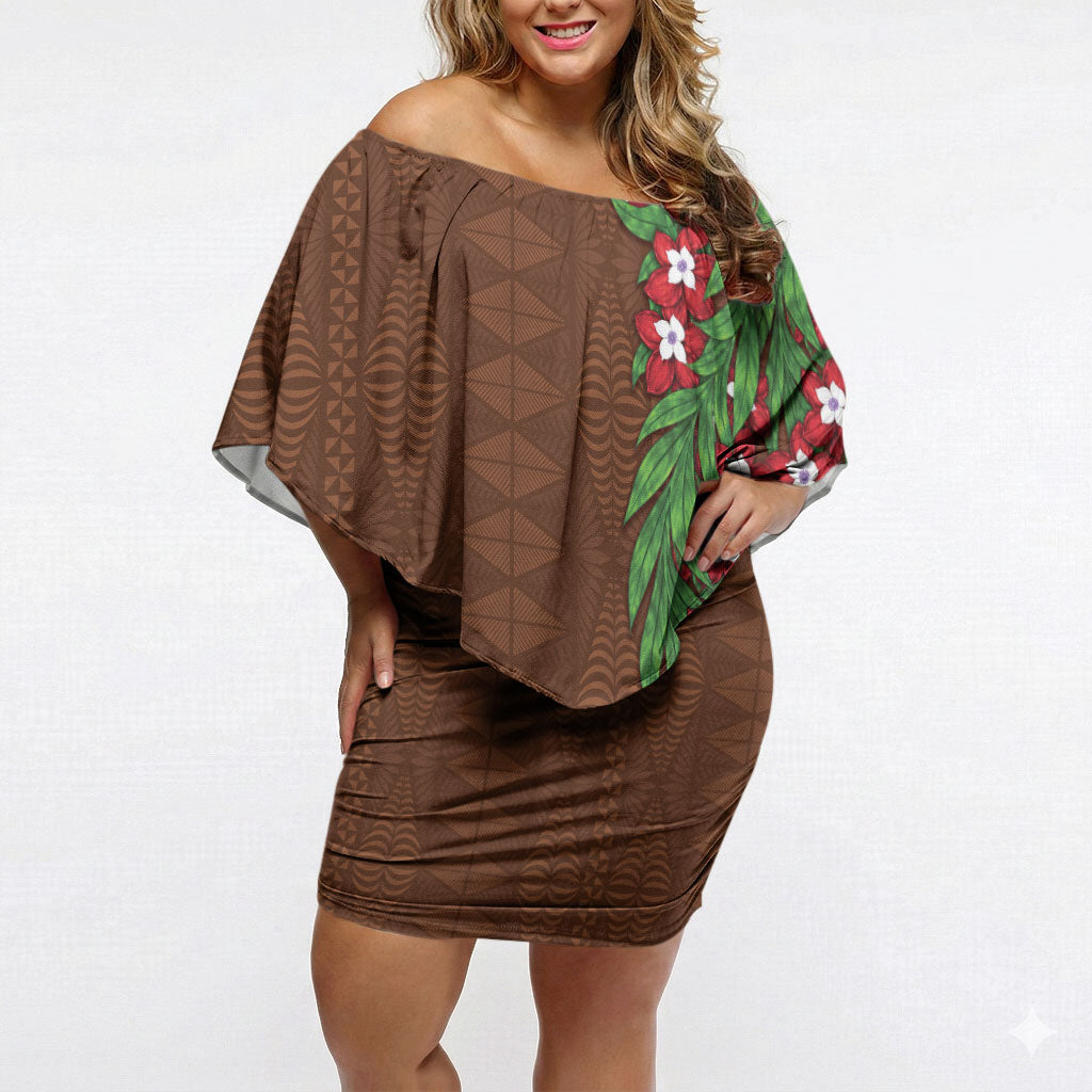 Tonga Language Week Off Shoulder Short Dress Heilala Floral Brown