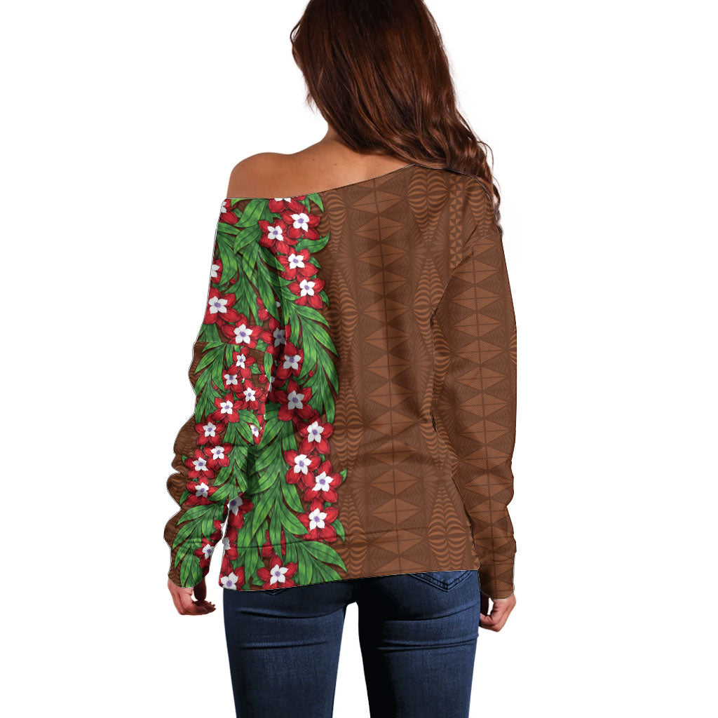 Tonga Language Week Off Shoulder Sweater Heilala Floral Brown LT05 - Polynesian Pride