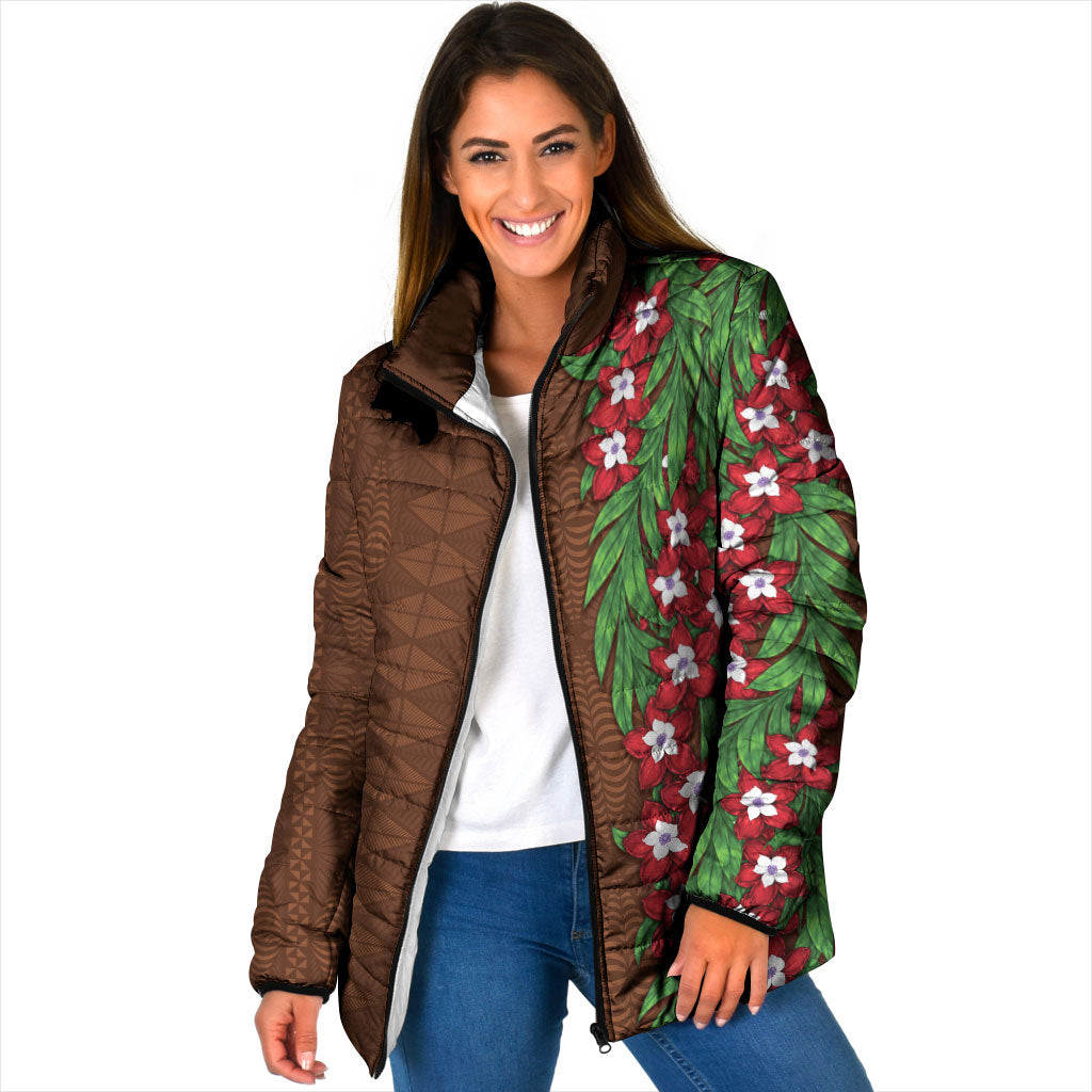 Tonga Language Week Padded Jacket Heilala Floral Brown LT05 Women Brown - Polynesian Pride
