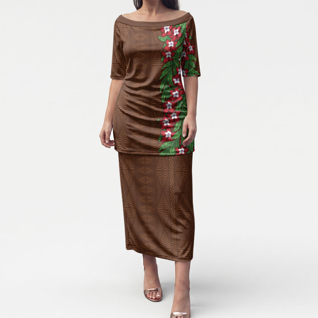 Tonga Language Week Puletasi Heilala Floral Brown