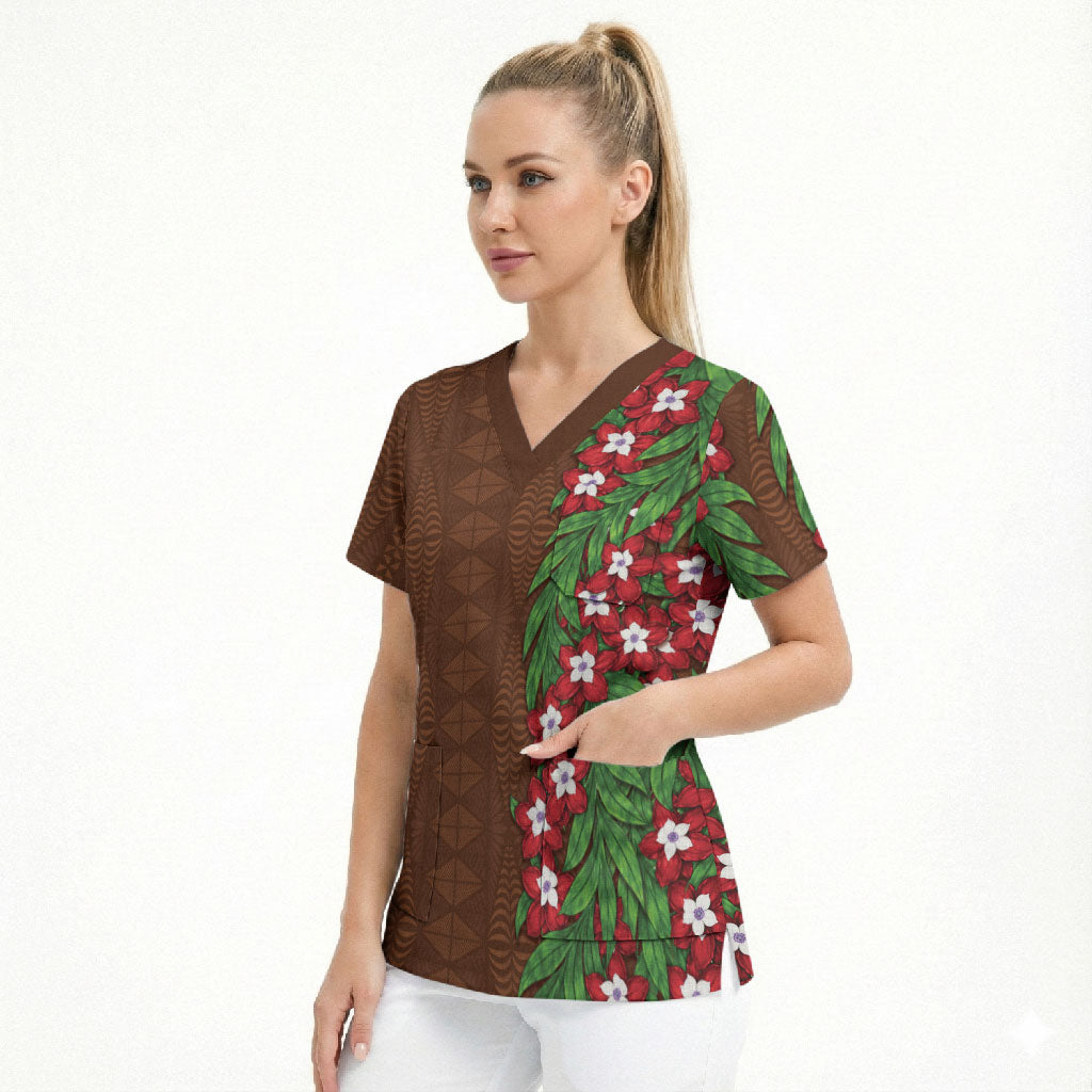 Tonga Language Week Scrub Top Heilala Floral Brown