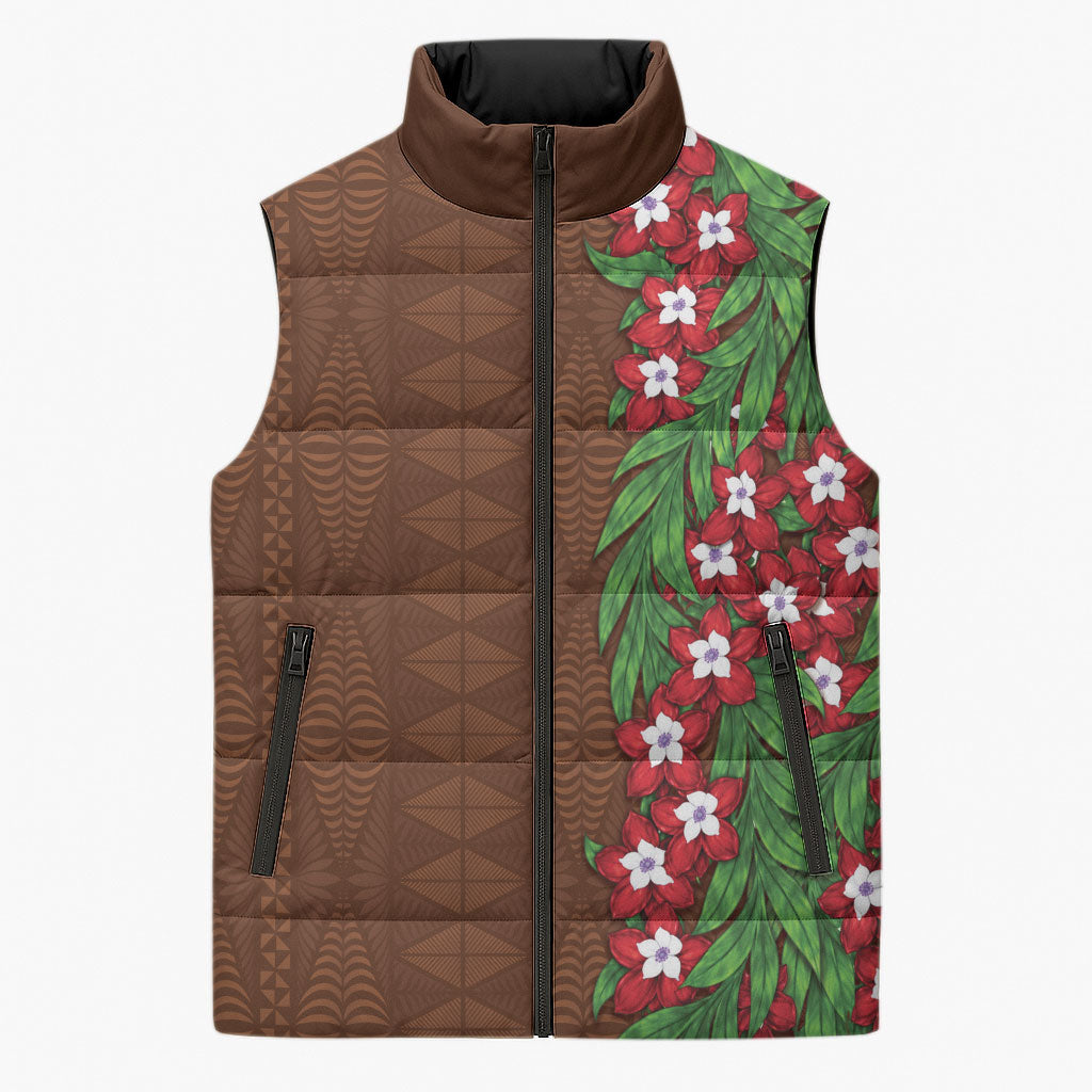 Tonga Language Week Sleeveless Puffer Jacket Heilala Floral Brown