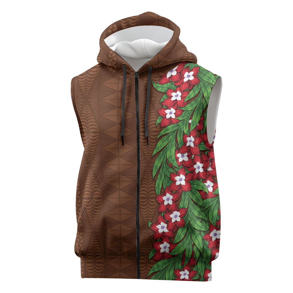 Tonga Language Week Sleeveless Zip Hoodie Heilala Floral Brown