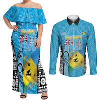 Personalised Malampa Fiji Day 2026 Couples Matching Off Shoulder Maxi Dress and Long Sleeve Button Shirt Unique Style LT05 Blue - Polynesian Pride