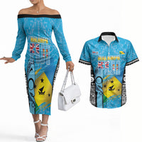 Personalised Malampa Fiji Day 2026 Couples Matching Off The Shoulder Long Sleeve Dress and Hawaiian Shirt Unique Style LT05 Blue - Polynesian Pride