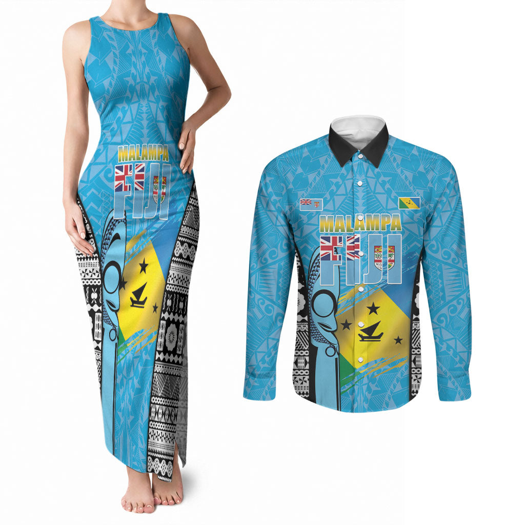 Personalised Malampa Fiji Day 2026 Couples Matching Tank Maxi Dress and Long Sleeve Button Shirt Unique Style LT05 Blue - Polynesian Pride